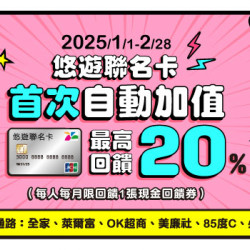 悠遊聯名卡首次自動加值享最高20%回饋