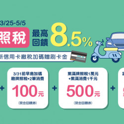 悠遊付繳牌照稅最高回饋8.5% 早鳥加贈100元 悠遊付繳牌照稅最高回饋8.5% 早鳥加贈100元
