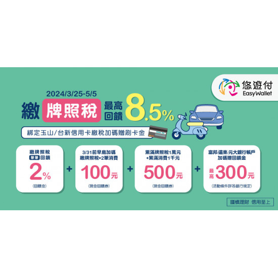 悠遊付繳牌照稅最高回饋8.5% 早鳥加贈100元