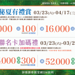 秘夏有禮賞+聯名卡加碼禮:兌換地點：A1館5F 顧客服務中心