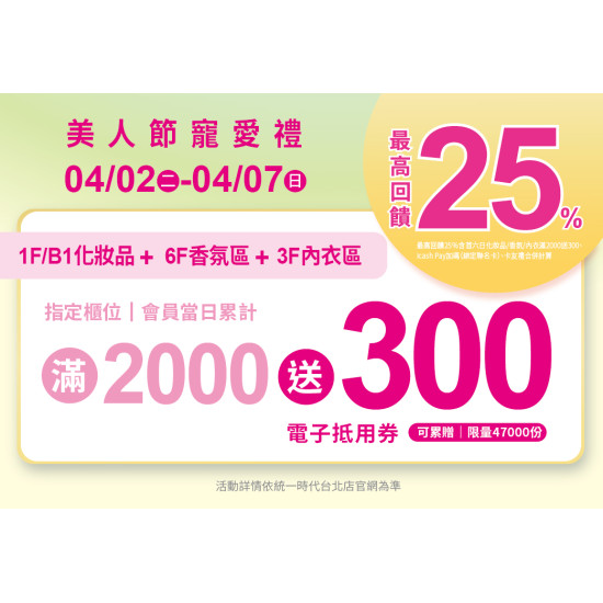 2024.4.02 - 4.07 │統一時代美人節寵愛禮(1F/B1化妝品、6F香氛區、3F內衣區)