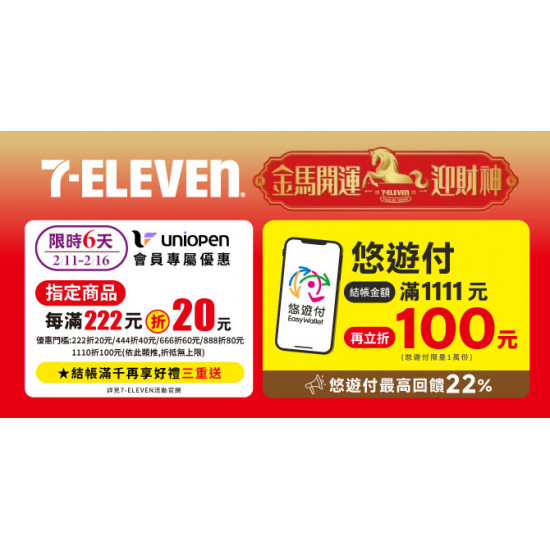 7-ELEVEN 悠遊付結帳滿額現折$100 最高回饋22%