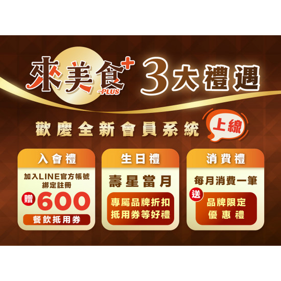 漢來優惠活動 - 《來美食PLUS》全新LINE會員系統登場！：漢來美食餐飲集團『來美食PLUS』歡慶全新會員系統上線，即日起～5/31(日)加入漢來美食官方LINE並完成註冊綁定會員，即可領取 600 元餐飲抵用券！