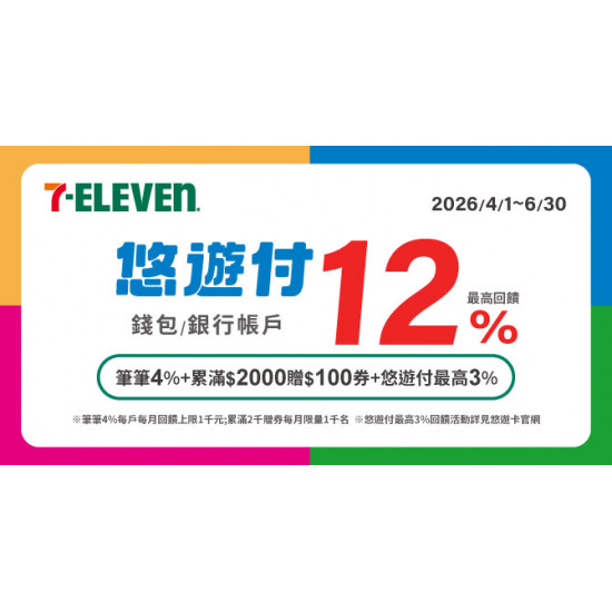 7-ELEVEN悠遊付錢包/帳戶筆筆4% 滿額加贈券最高回饋12%
