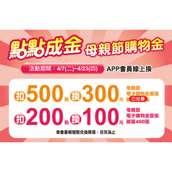 天母店-點點成金 母親節購物金 2026/4/7 ~ 2026/4/23