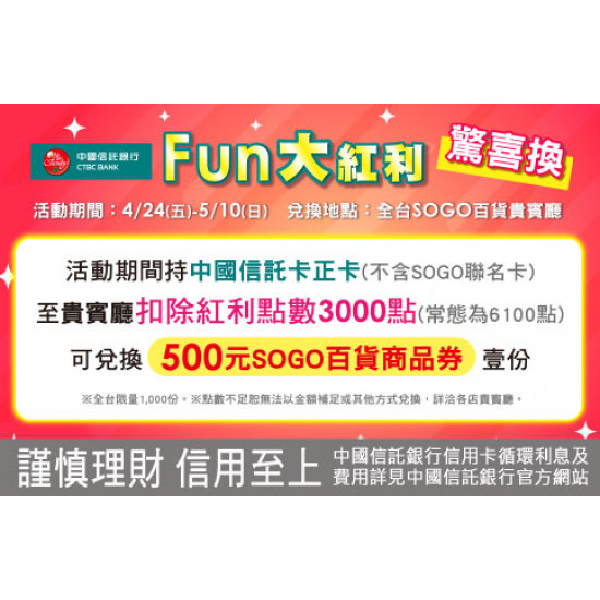 新竹店-2026年母親節中國信託FUN大紅利驚喜換活動 2026/4/24 ~ 2026/5/10